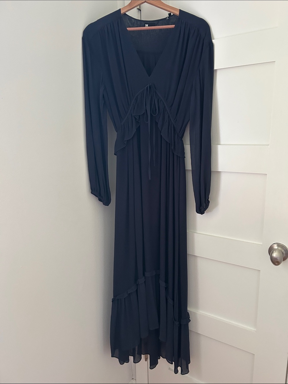 The Kooples Long Sleeve Silk Black V-Neck Ruffle Maxi Dress